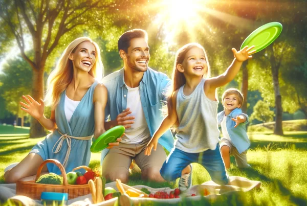 A happy and healthy family enjoying a day outdoors in a park, radiating wellness and joy. The family, consisting of parents and two children